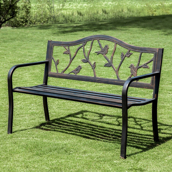 129cm Metal Garden Bench with Cast Iron Bird Pattern Backrest for Patio