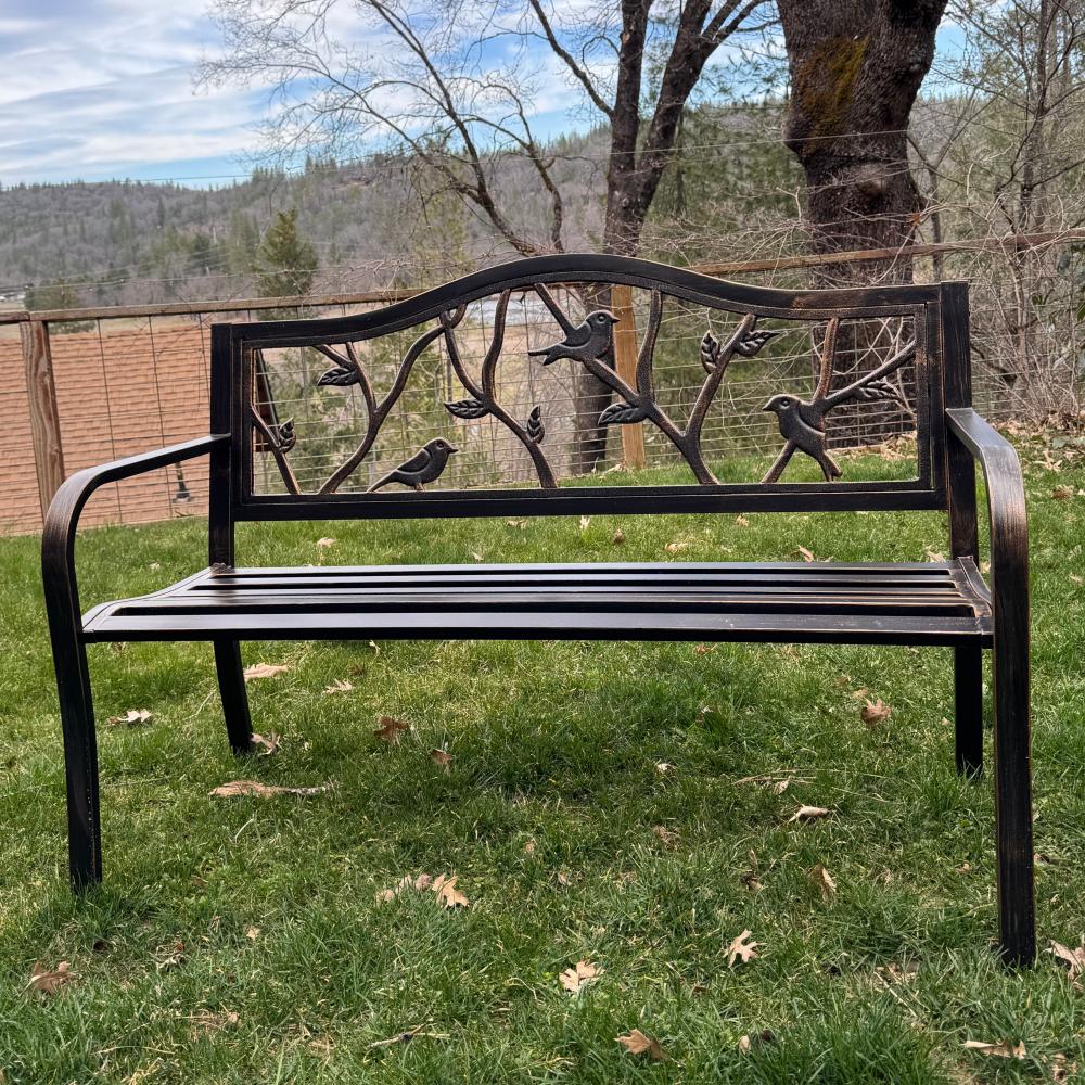 129cm Metal Garden Bench with Cast Iron Bird Pattern Backrest