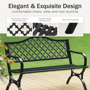 129cm Heavy Duty Outdoor Metal Garden Bench with Backrest and Armrest for Garden