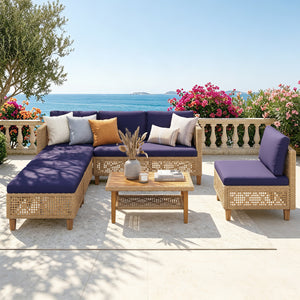 Boho Style Garden Wicker Conversation Sofa set with Acacia Wood Coffee Table