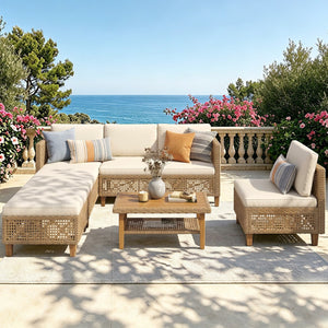 Boho Style Garden Wicker Conversation Sofa set with Acacia Wood Coffee Table