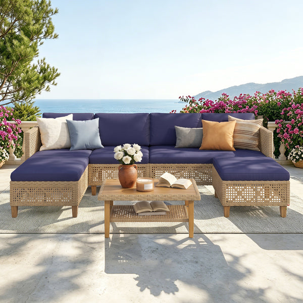 Boho Style Garden Wicker Conversation Sofa set with Acacia Wood Coffee Table