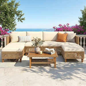 Boho Style Garden Wicker Conversation Sofa set with Acacia Wood Coffee Table
