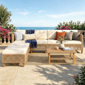 Boho Style Garden Wicker Conversation Sofa set with Acacia Wood Coffee Table