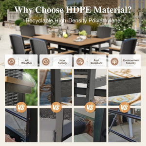 Tranquil 7-Pcs Outdoor Dining set with HDPE Rattan Chair and Wood-like Table