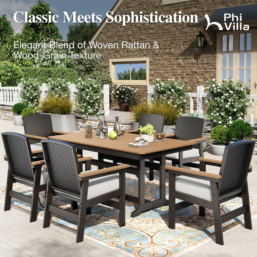 Tranquil 7-Pcs Outdoor Dining set with HDPE Rattan Chair and Wood-like Table