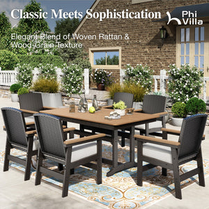 Tranquil 7-Pcs Outdoor Dining set with HDPE Rattan Chair and Wood-like Table