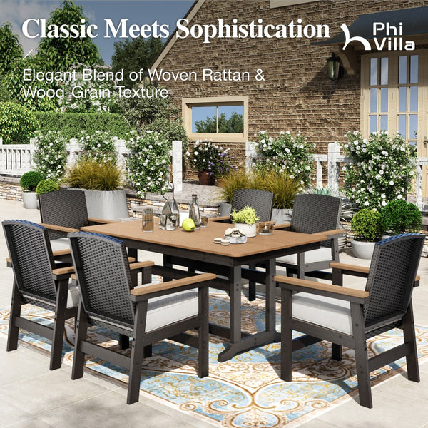 Tranquil 7-Pcs Outdoor Dining set with HDPE Rattan Chair and Wood-like Table