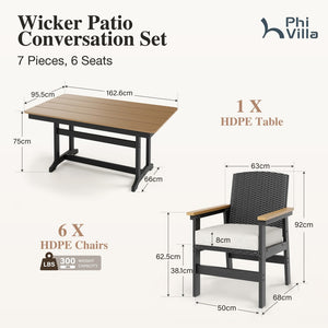 Tranquil 7-Pcs Outdoor Dining set with HDPE Rattan Chair and Wood-like Table