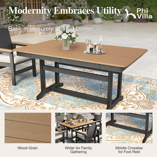 Tranquil 7-Pcs Outdoor Dining set with HDPE Rattan Chair and Wood-like Table