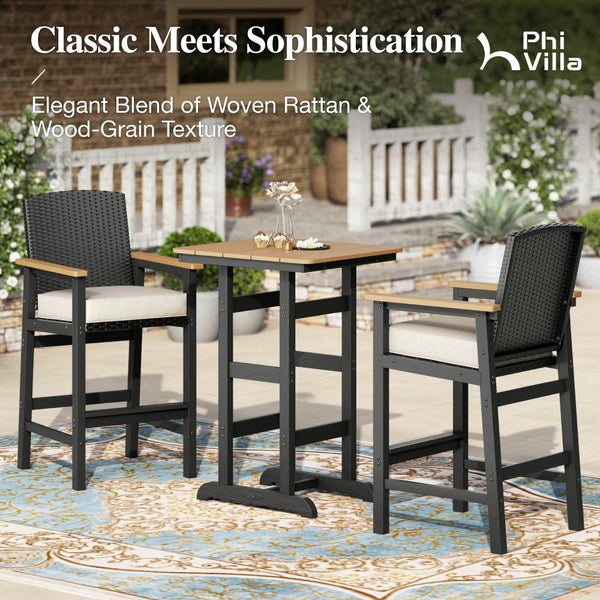 Tranquil 3-Piece Outdoor High Bar Set with HDPE Wicker Stools & Wood-Like Table