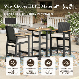 Tranquil 3-Piece Outdoor High Bar Set with HDPE Wicker Stools & Wood-Like Table