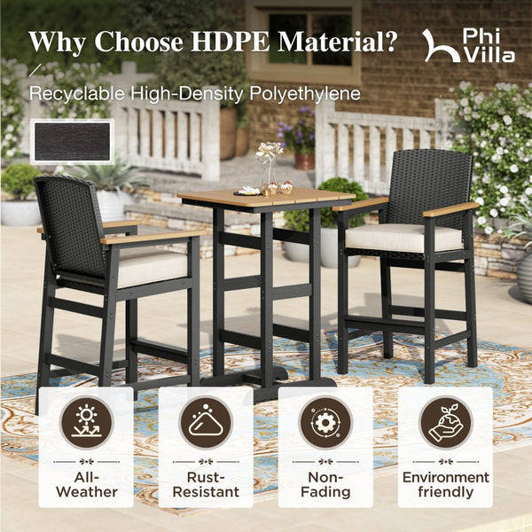Tranquil 3-Piece Outdoor High Bar Set with HDPE Wicker Stools & Wood-Like Table