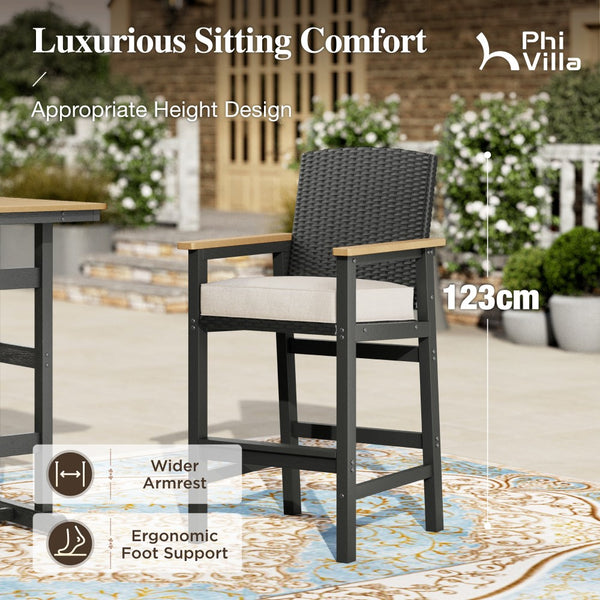 Tranquil 3-Piece Outdoor High Bar Set with HDPE Wicker Stools & Wood-Like Table
