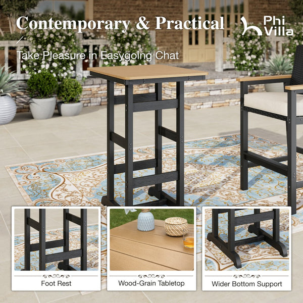 Tranquil 3-Piece Outdoor High Bar Set with HDPE Wicker Stools & Wood-Like Table