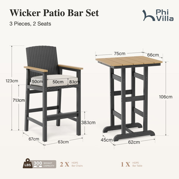Tranquil 3-Piece Outdoor High Bar Set with HDPE Wicker Stools & Wood-Like Table