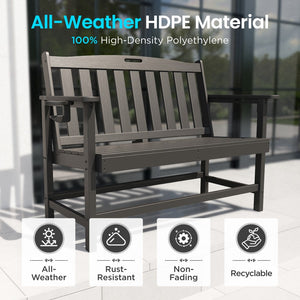 Wood-Grain HDPE Tranquil Garden Bench with Foldable Cup Holder