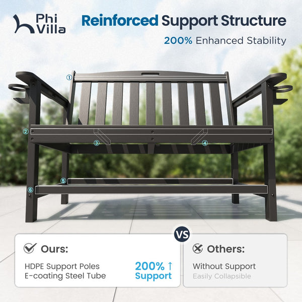 Wood-Grain HDPE Tranquil Garden Bench with Foldable Cup Holder
