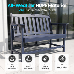 Wood-Grain HDPE Tranquil Garden Bench with Foldable Cup Holder