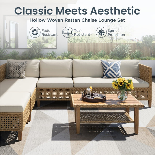 Boho Style Outdoor Wicker Conversation Sofa set with Acacia Wood Coffee Table