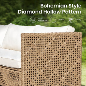 Boho Style Outdoor Wicker Conversation Sofa set with Acacia Wood Coffee Table