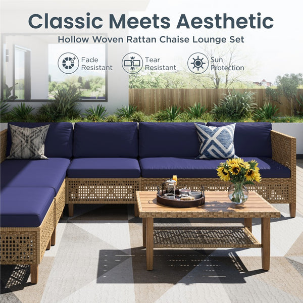 Boho Style Outdoor Wicker Conversation Sofa set with Acacia Wood Coffee Table