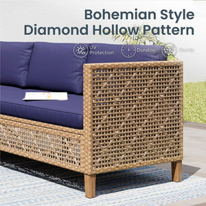 Boho Style Outdoor Wicker Conversation Sofa set with Acacia Wood Coffee Table