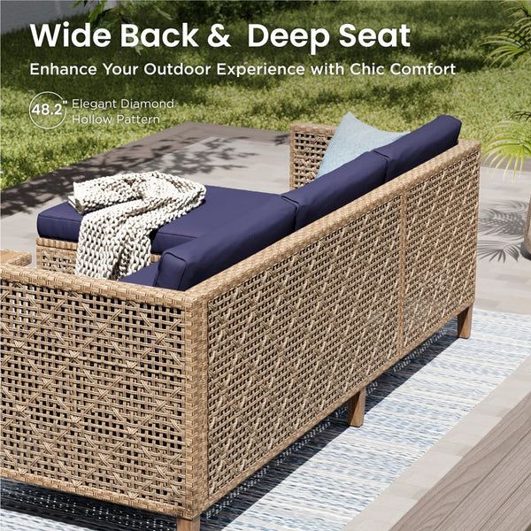 Boho Style Outdoor Wicker Conversation Sofa set with Acacia Wood Coffee Table