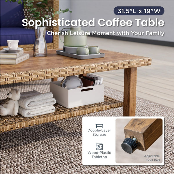 Boho Style Outdoor Wicker Conversation Sofa set with Acacia Wood Coffee Table