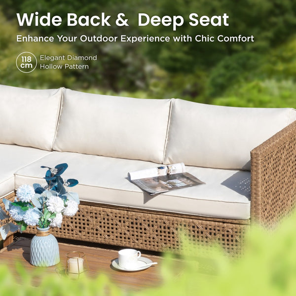 Boho Style Garden Wicker Conversation Sofa set with Acacia Wood Coffee Table