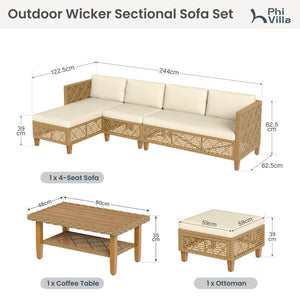 Boho Style Garden Wicker Conversation Sofa set with Acacia Wood Coffee Table