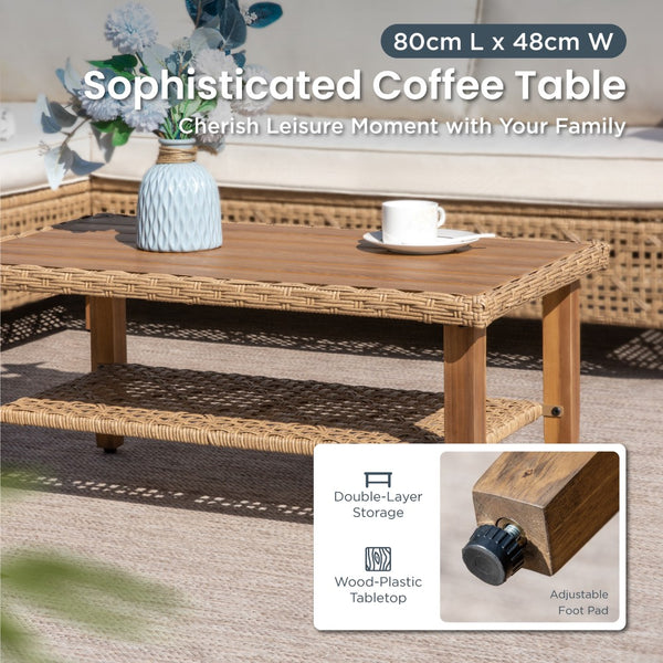 Boho Style Garden Wicker Conversation Sofa set with Acacia Wood Coffee Table