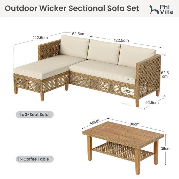 Boho Style Outdoor Wicker Conversation Sofa set with Acacia Wood Coffee Table