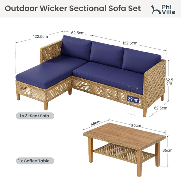 Boho Style Outdoor Wicker Conversation Sofa set with Acacia Wood Coffee Table