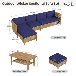 Boho Style Outdoor Wicker Conversation Sofa set with Acacia Wood Coffee Table