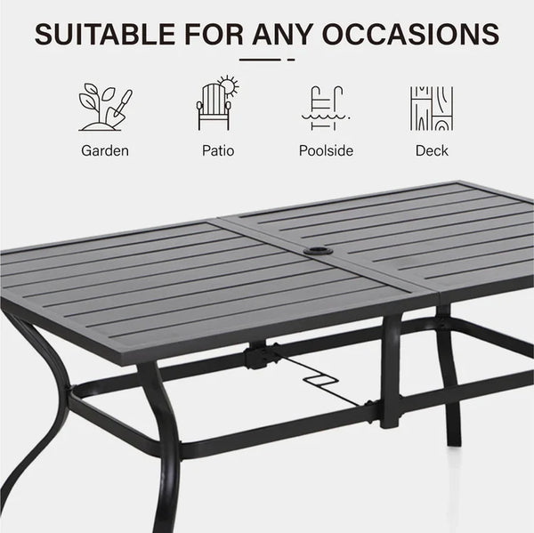 7-Piece Garden Dining Set with Metal Rectangular Slat Table and Wicker Rattan Chairs