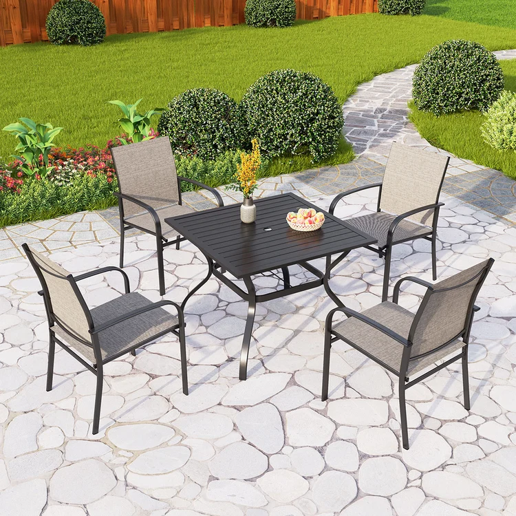 Phi Villa 5 Piece Garden Dining Set with 4 Fixed Textilene Chairs and Table 