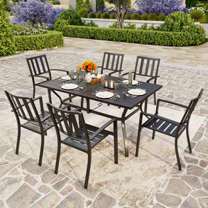 Rectangle Patio Table and 6 Stackable Chairs 7-Piece Metal Outdoor Patio Dining Sets