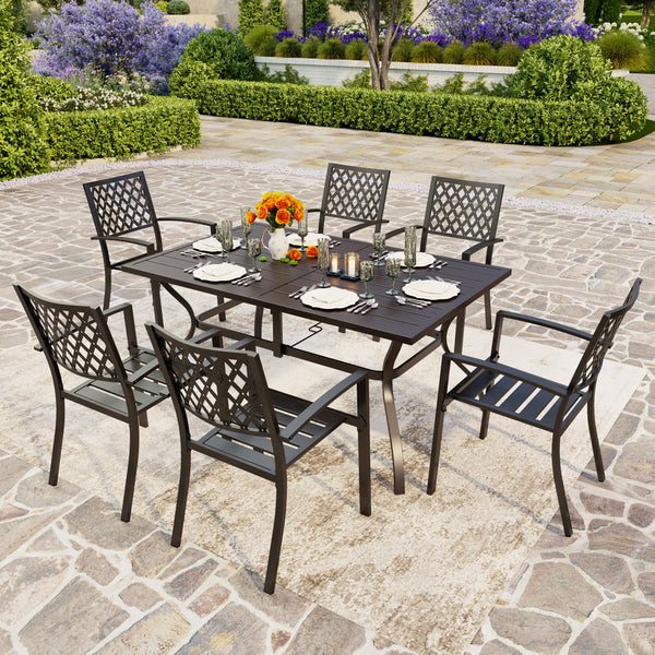 Rectangle Patio Table and 6 Stackable Chairs 7-Piece Metal Outdoor Patio Dining Sets