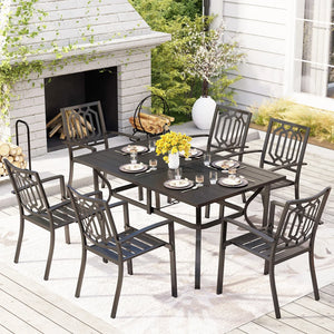 Rectangle Patio Table and 6 Stackable Chairs 7-Piece Metal Outdoor Patio Dining Sets