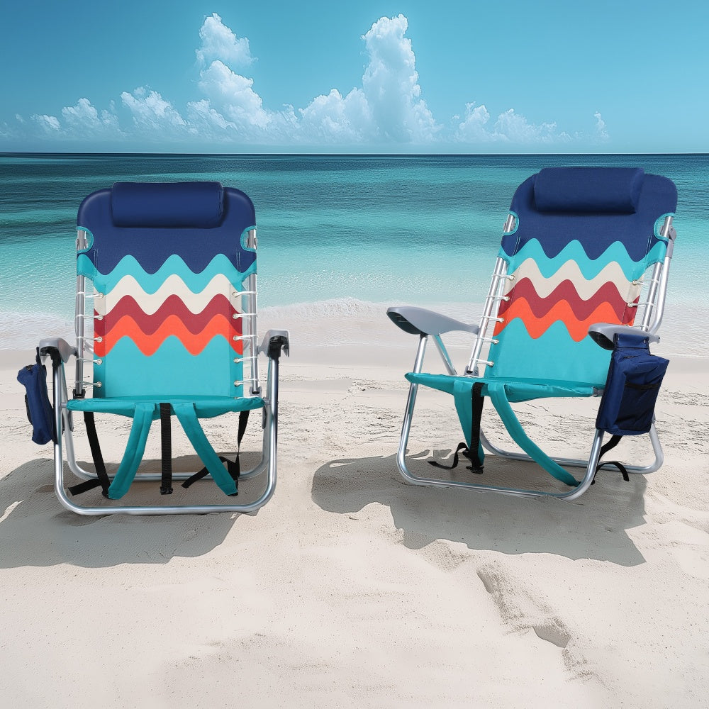 Adjustable folding beach chairs with aluminium frame, Oxford fabric and built-in cooler bag
