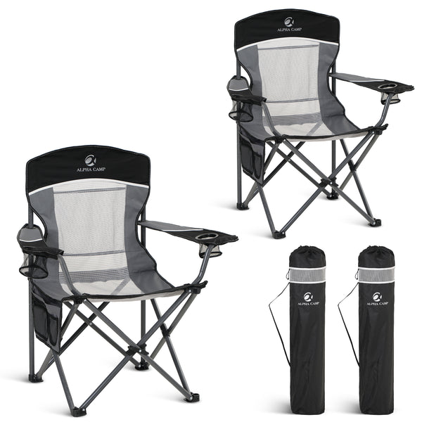 Breathable mesh folding camping chairs with robust steel frame and side storage pockets
