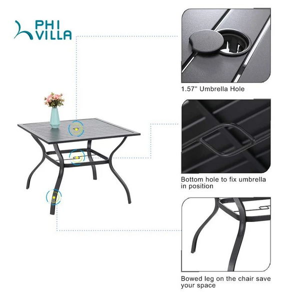Phi Villa 5 Piece Garden Dining Set with 4 Fixed Textilene Chairs and Table