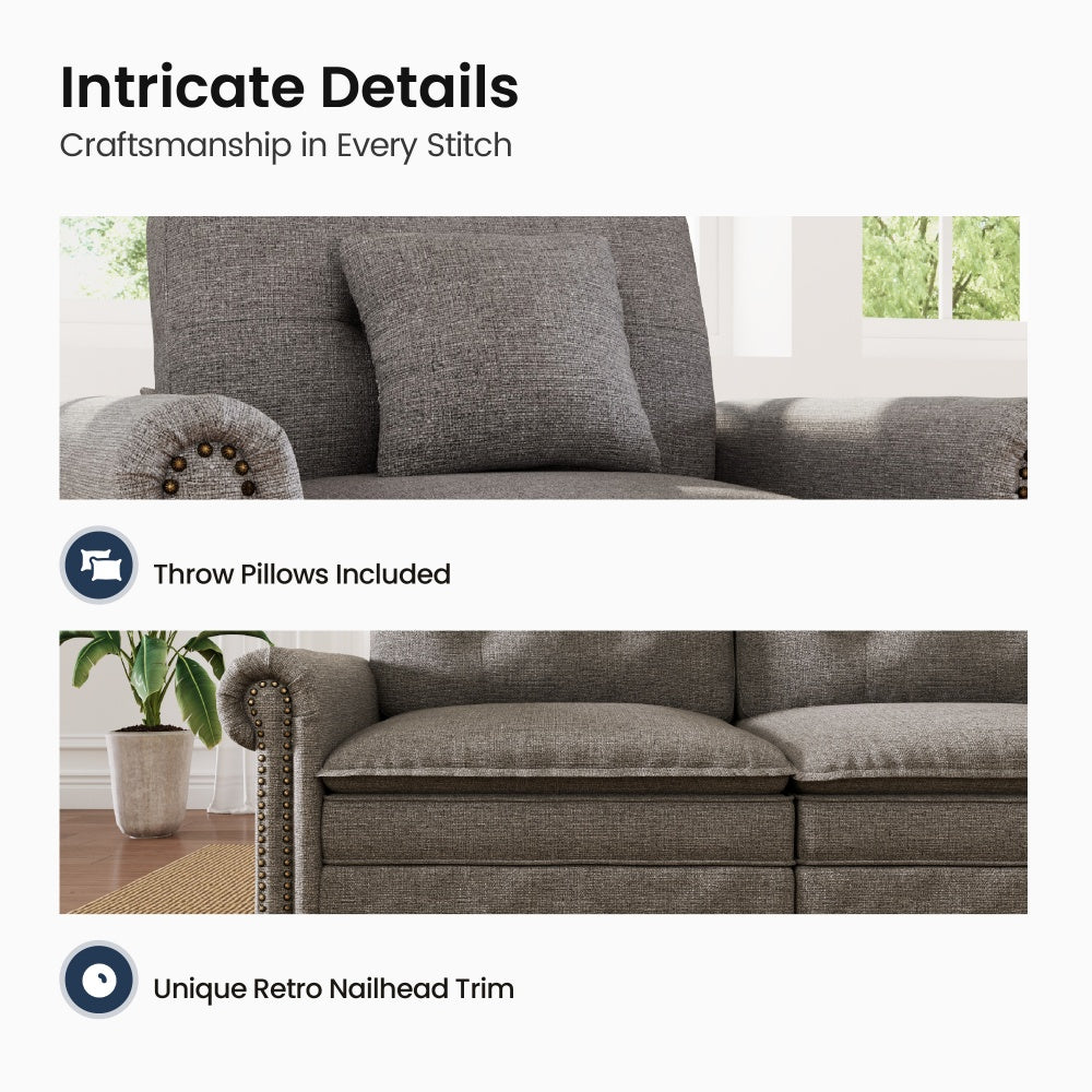 Linen effect corner sofa with nailhead trim, pocket spring cushions and raised legs