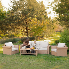 Classic rattan garden sofa with wide armrests, iron frame, cushions, footstools & 2-tier side table
