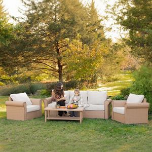 Classic rattan garden sofa with wide armrests, iron frame, cushions, footstools & 2-tier side table
