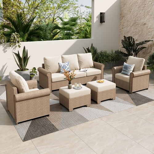 Classic rattan garden sofa with wide armrests, iron frame, cushions, footstools & 2-tier side table
