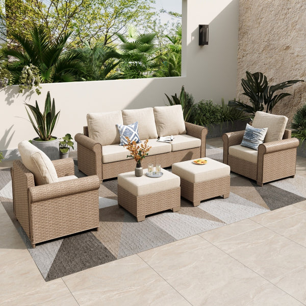 Classic rattan garden sofa with wide armrests, iron frame, cushions, footstools & 2-tier side table
