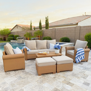 Classic rattan garden sofa with wide armrests, iron frame, cushions, footstools & 2-tier side table
