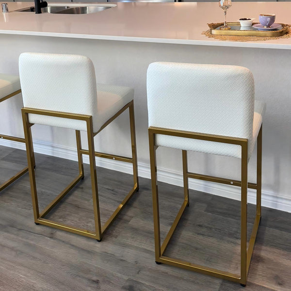 Counter Height White Faux Leather Bar Stools with Backrest for Kitchen